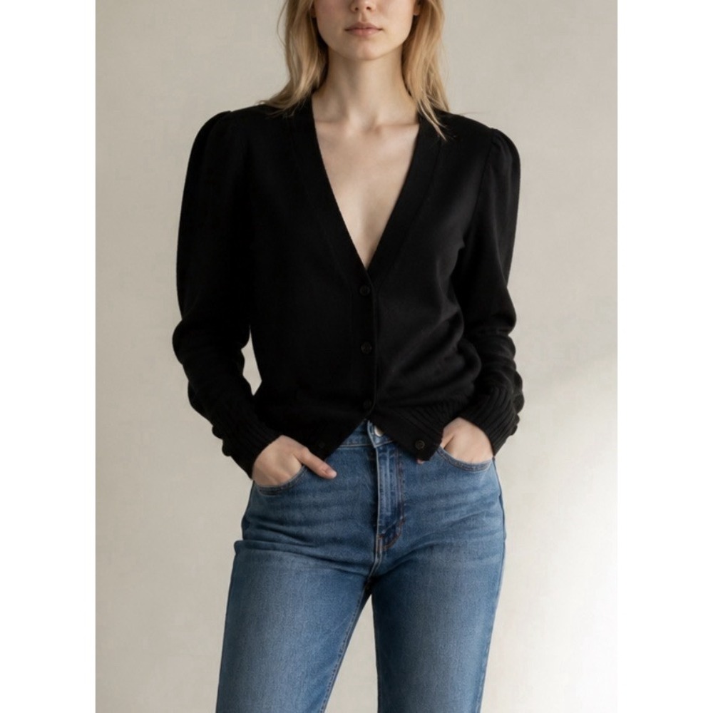 The Cashmere Project Black Puff Sleeve Cardigan Sweater V-Neck Knit Coquette M